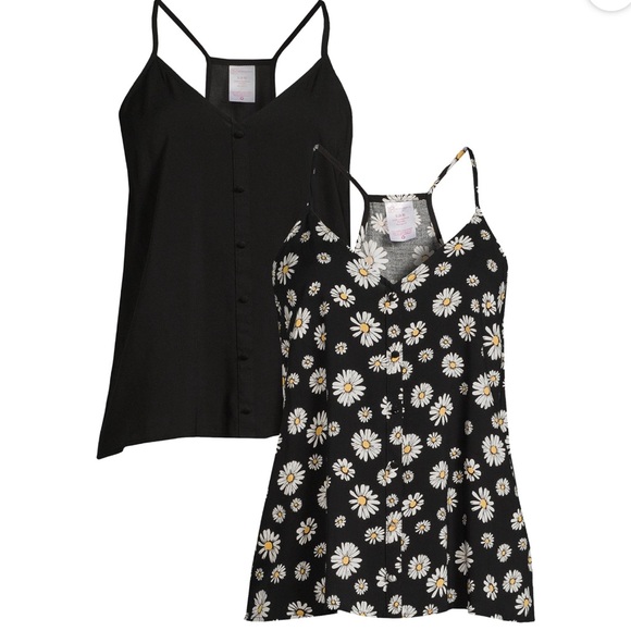 Pack of 2 Black and Daisy Floral Spaghetti Strap Button Racerback Tops - Picture 1 of 8